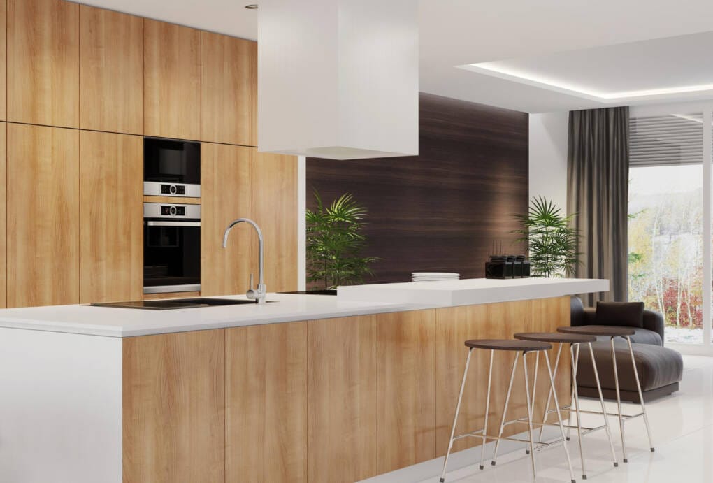 Timber-look kitchen cabinets showing natural wood grain finish in a modern Australian kitchen