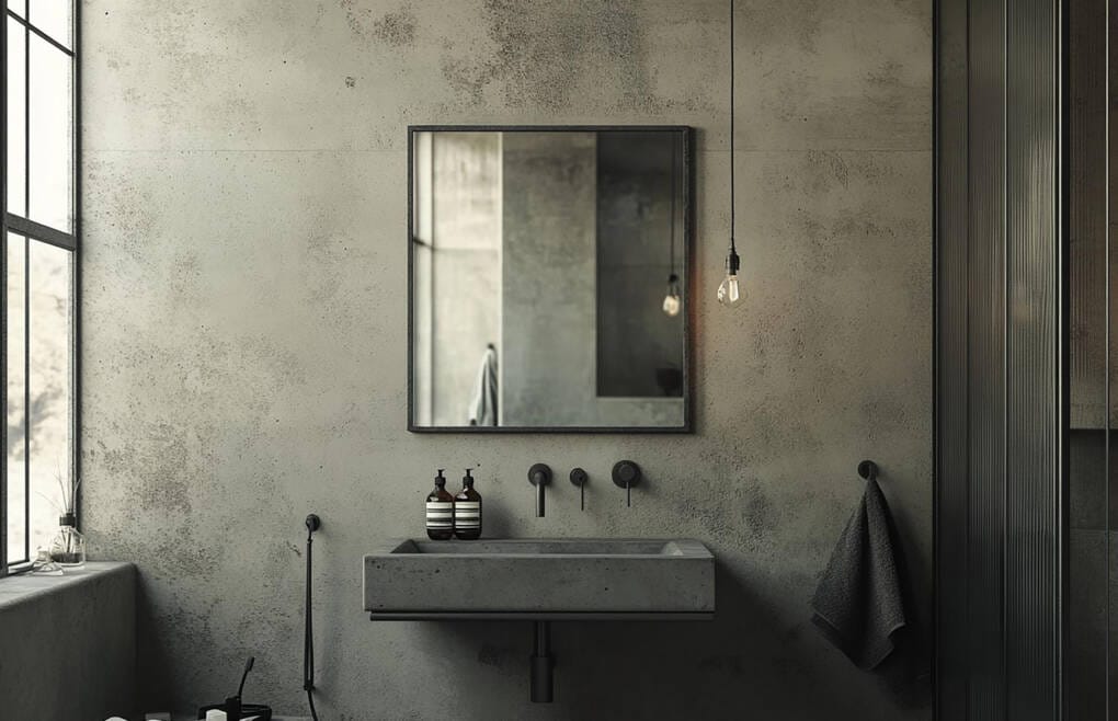 Gunmetal framed bathroom mirrors paired with a modern concrete vanity