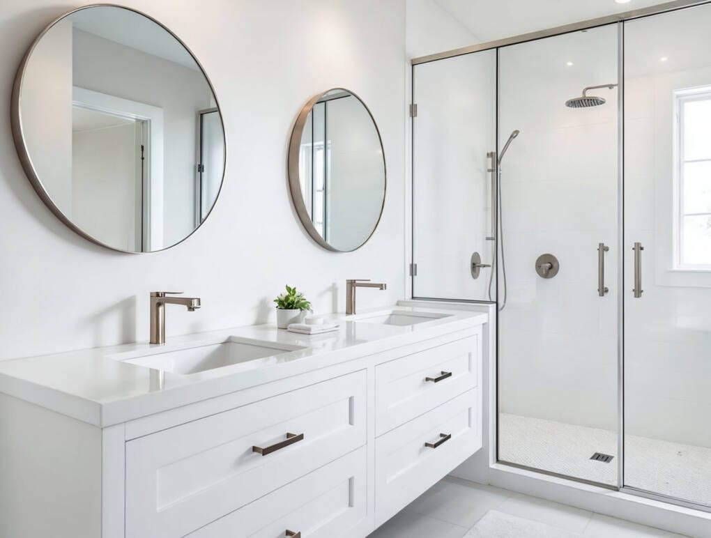 Brushed nickel framed bathroom mirrors in a modern double vanity bathroom