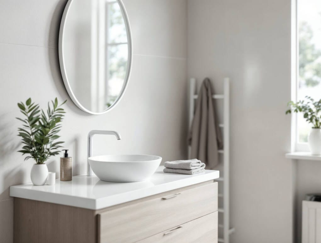 Matte white framed bathroom mirrors above a minimalist bathroom vanity