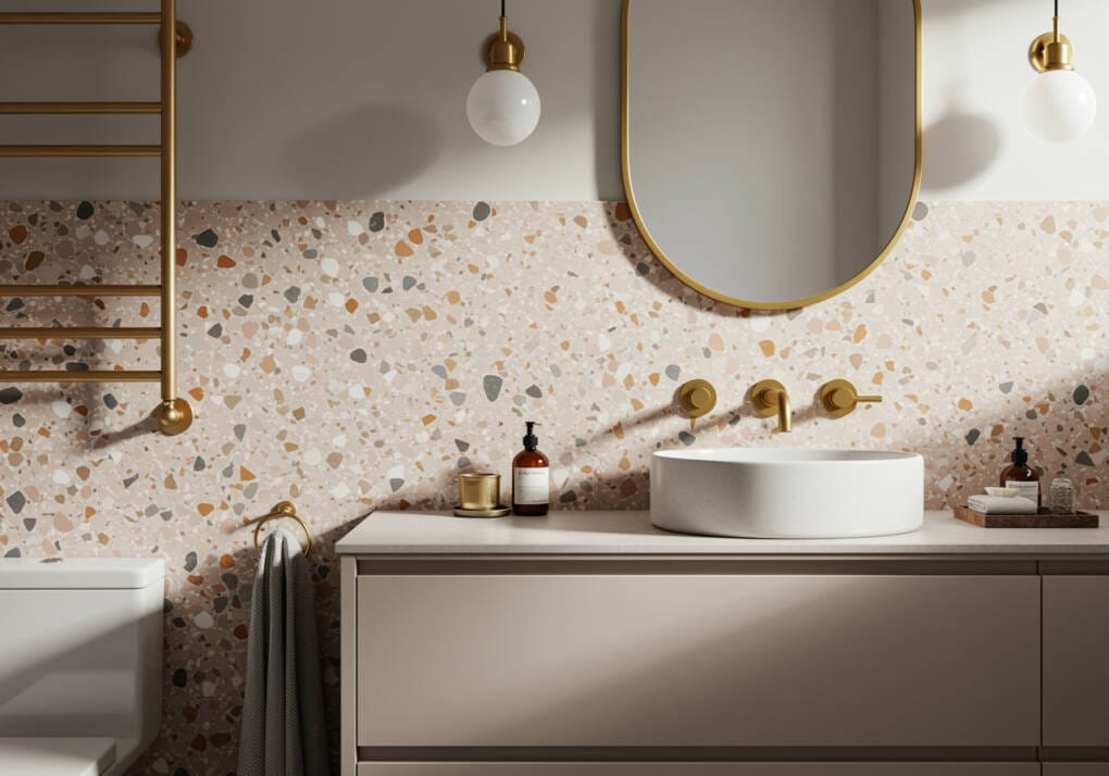 Gold framed bathroom mirrors with warm bathroom finishes and beige vanity