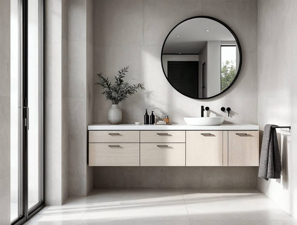 Round matte white framed bathroom mirrors above a minimalist timber-look bathroom vanity