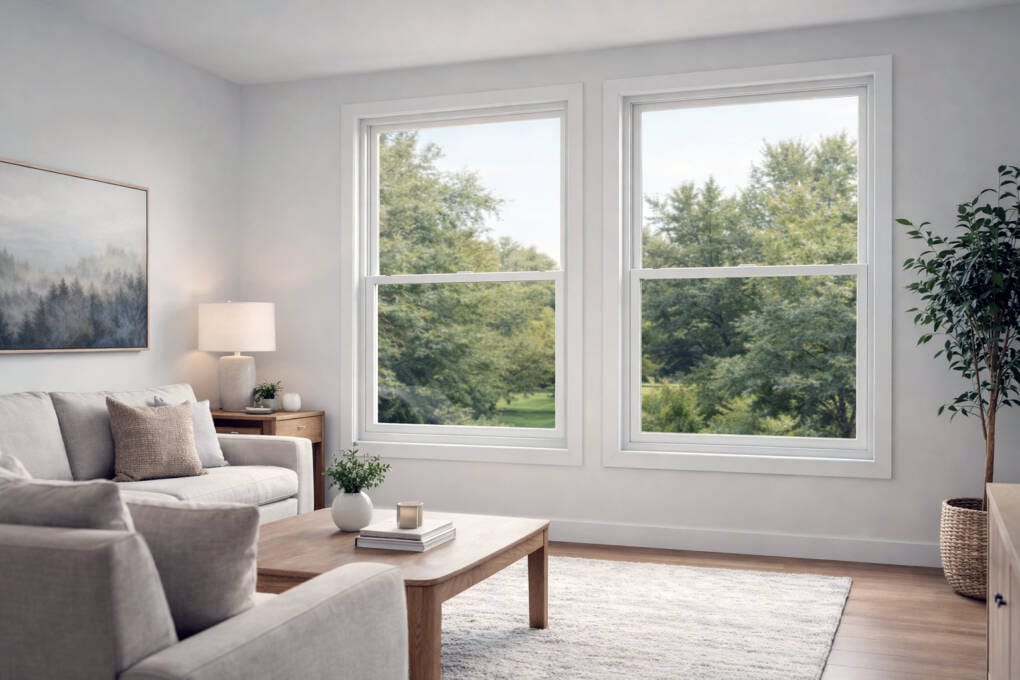 Double hung windows in a modern living room with white frames