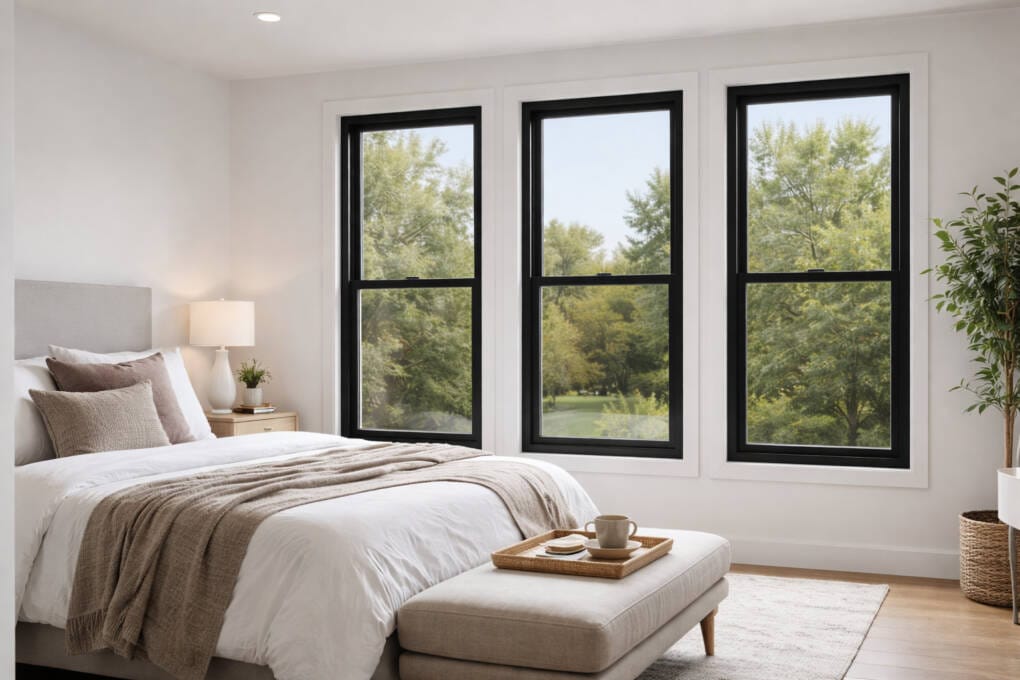 Double hung windows in a bedroom with black frames in a modern home