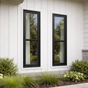 Narrow black framed double hung windows on an architectural home