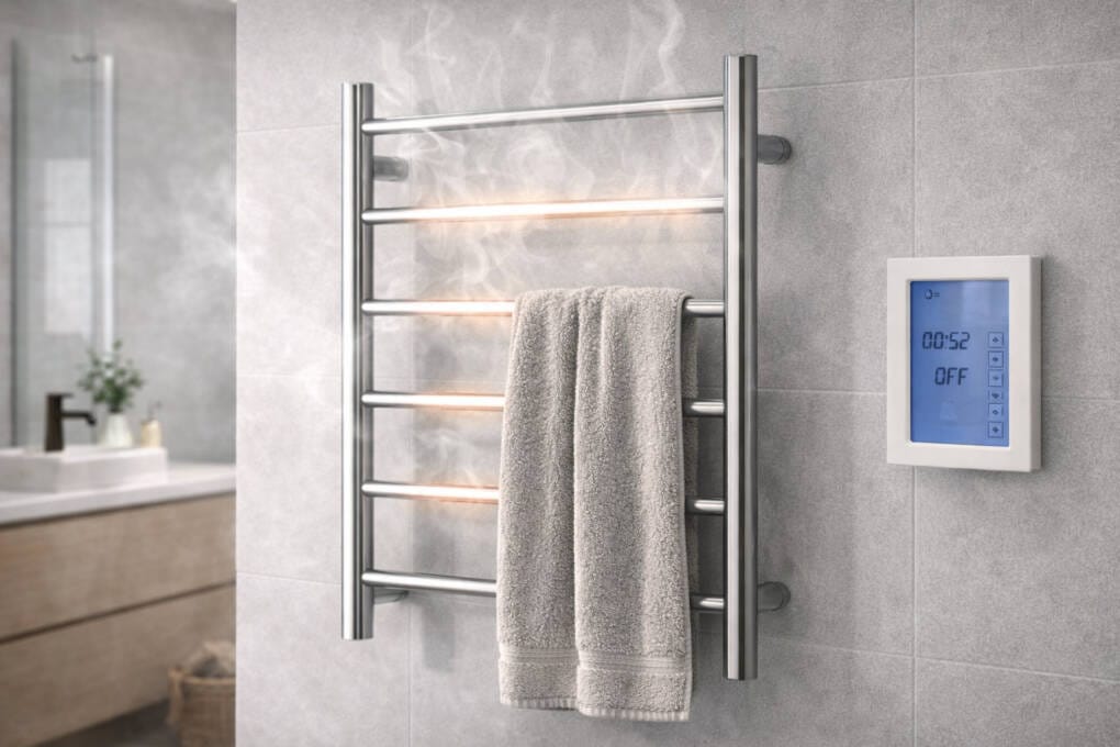 How heated towel rails work showing heat radiating from a chrome heated towel ladder with digital timer in a modern bathroom