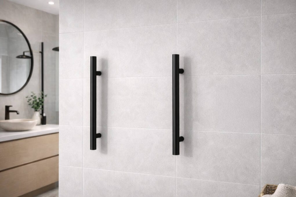 Black vertical heated towel rails with digital timer controller in modern bathroom