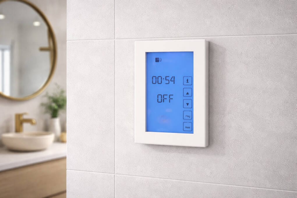 Digital heated towel rail timer controller mounted on bathroom wall