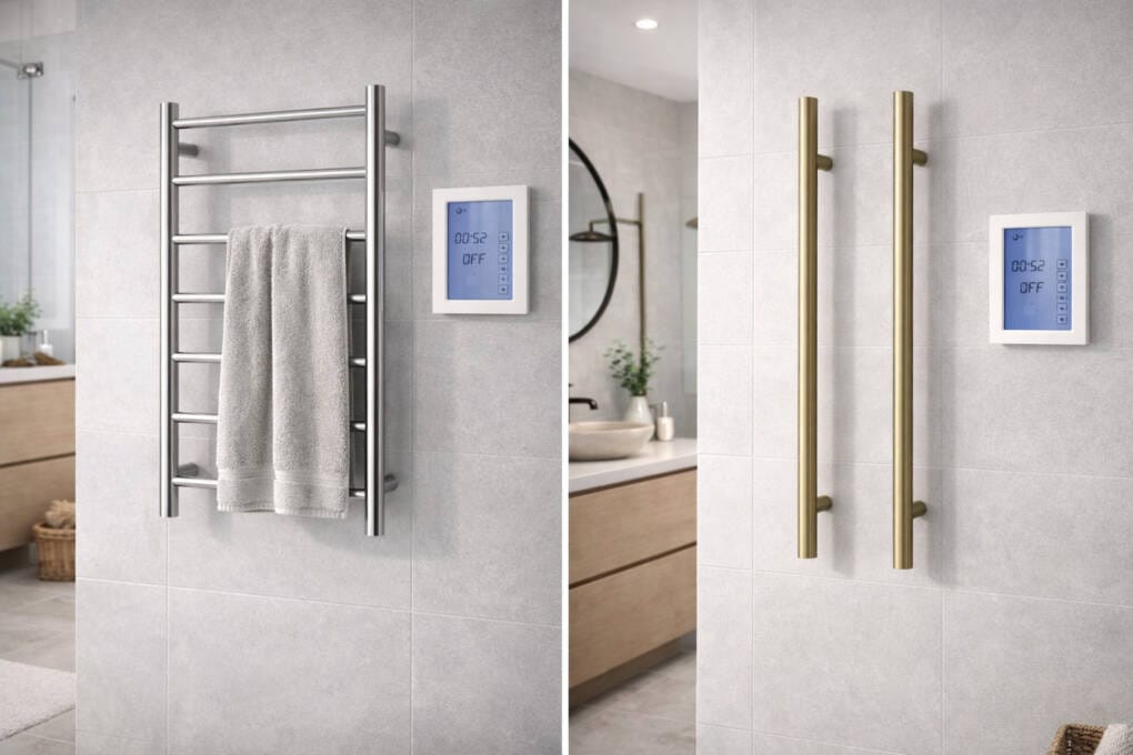 Heated vertical towel rails vs heated towel ladders comparison in modern bathrooms
