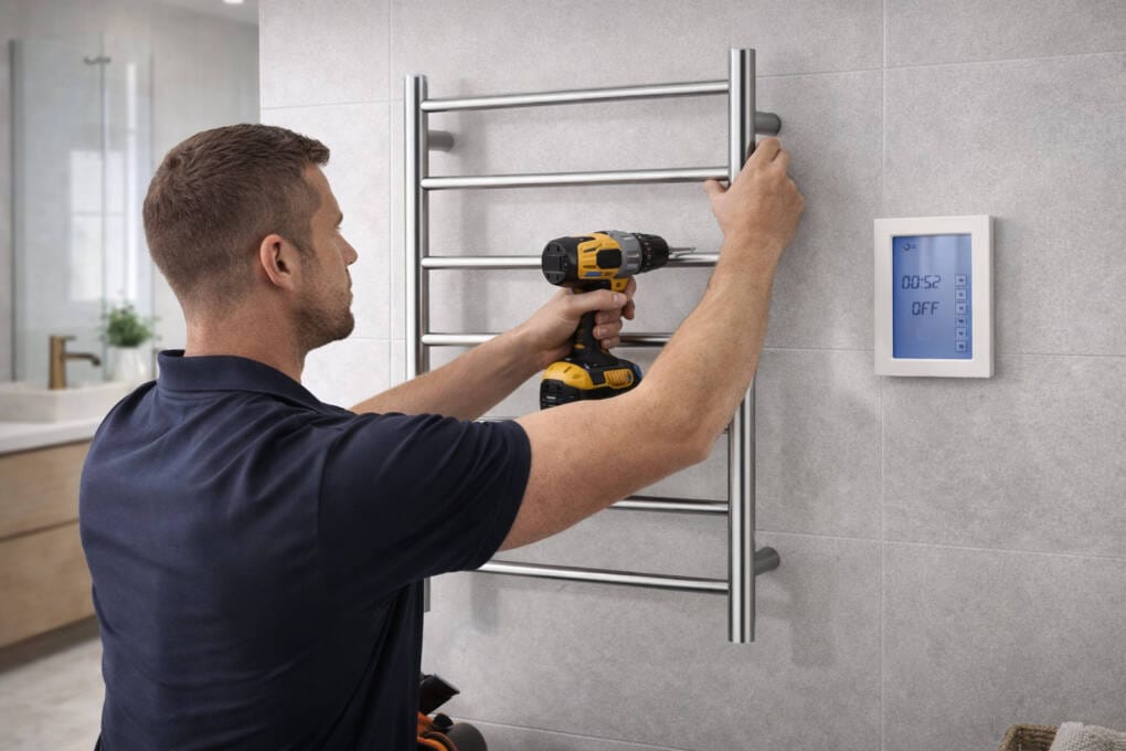 Heated towel rail installation by electrician in a modern tiled bathroom