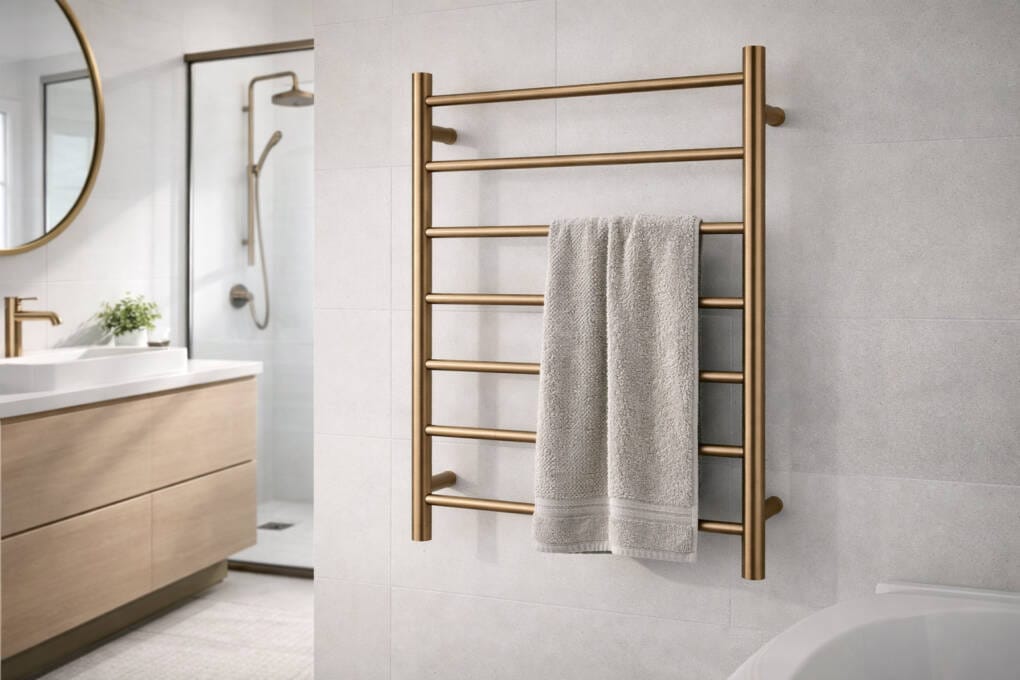 Gold heated towel ladder wall mounted in a contemporary bathroom setting