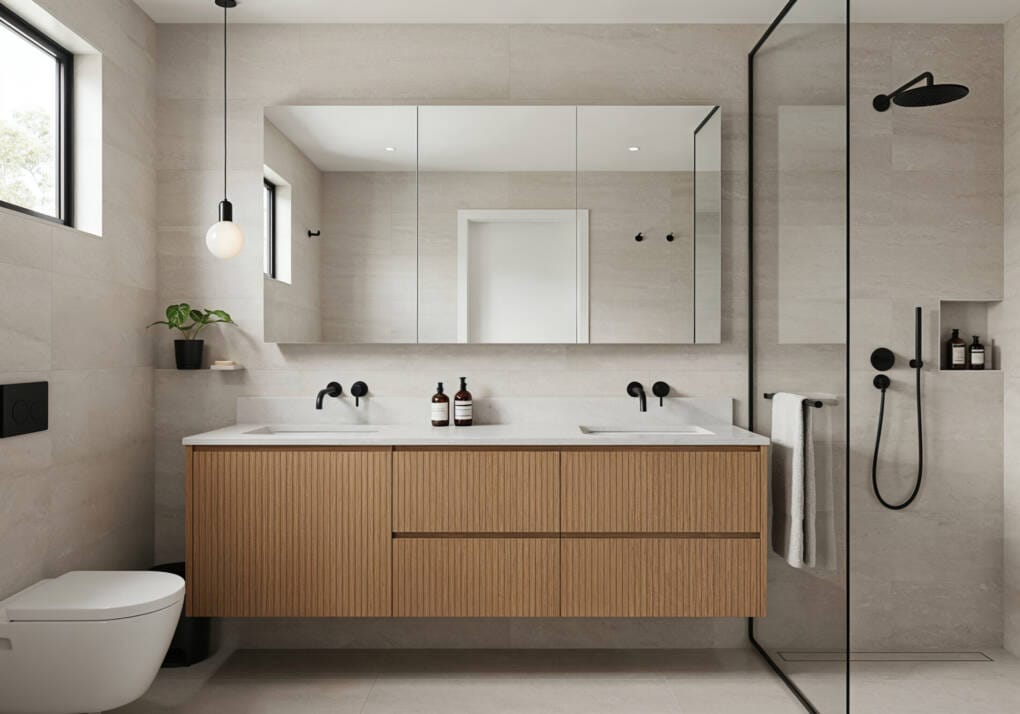 timber-look vanity with vertical woodgrain cabinetry