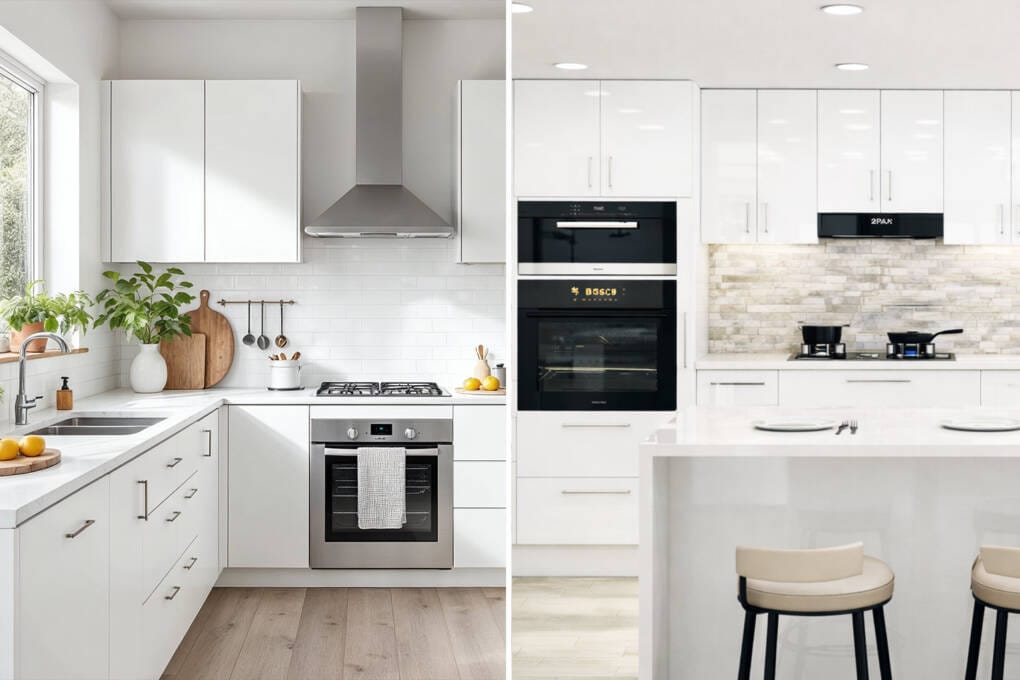 split screen of a Laminate kitchen vs 2PAC kitchen