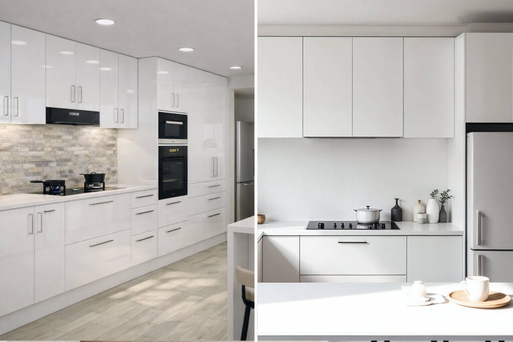 split screen of a 2PAC kitchen vs Laminate kitchen