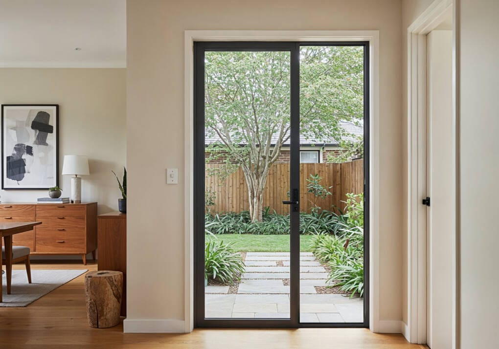 Black-framed sliding glass door opening to a landscaped backyard, viewed from a light-filled Australian home interior with timber flooring and modern furniture.