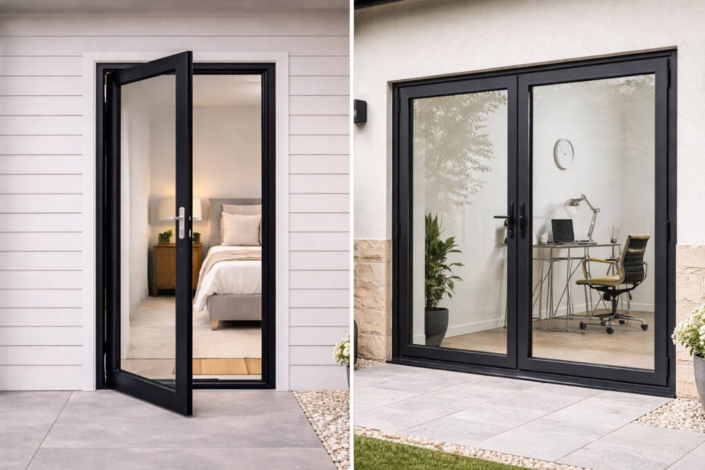 Comparison of black-framed aluminium French doors, showing a single hinged door opening to a bedroom and double French doors opening to a home office.