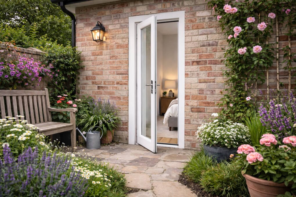 White single French door opening from a bedroom into a landscaped courtyard garden with brick walls, flowering plants, and stone paving.