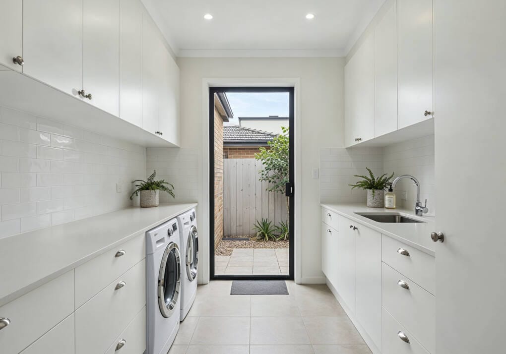 Modern Australian laundry with white cabinetry, built-in washer and dryer, stainless steel sink, and a black-framed french door opening to an outdoor area.