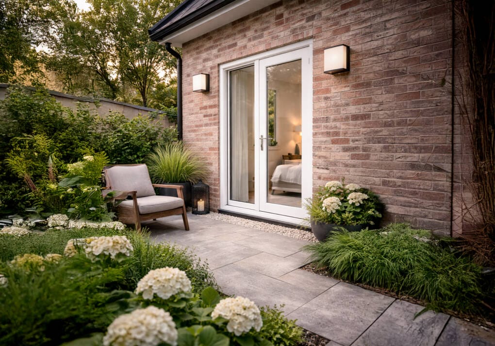 White French doors opening from a bedroom onto a landscaped patio with brick exterior walls, outdoor seating, and garden planting.