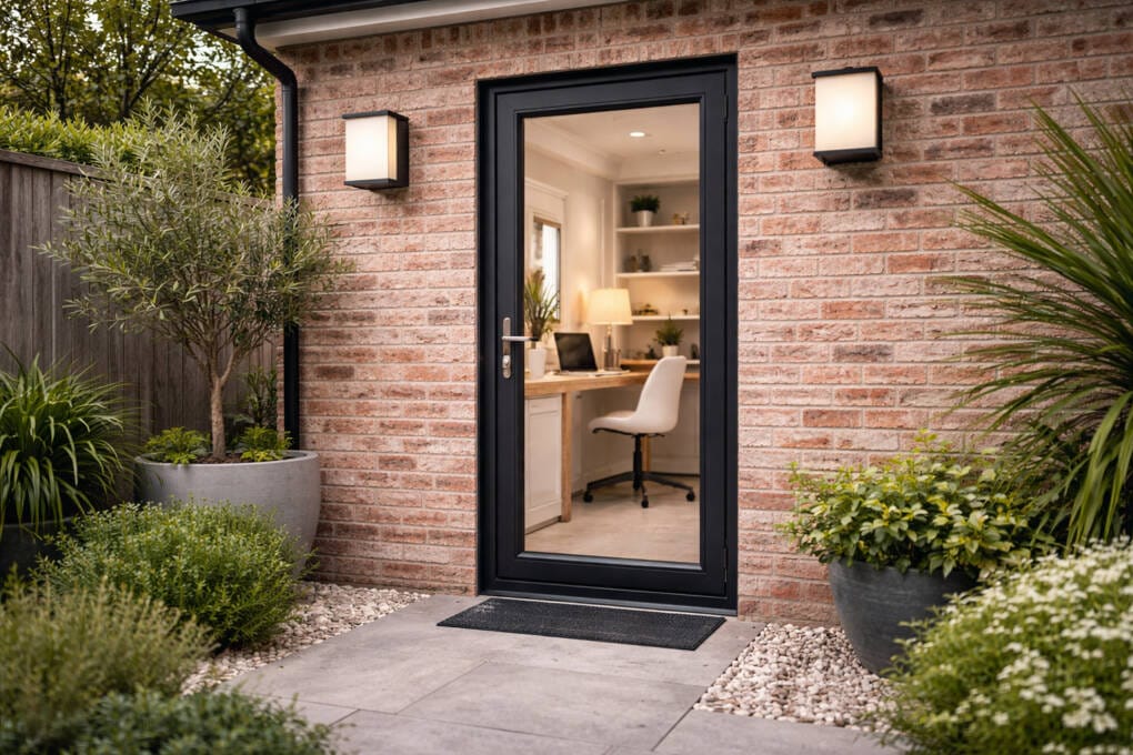 Black-framed French door opening from a Perth home office to a landscaped garden courtyard, set against a brick exterior with modern outdoor lighting.