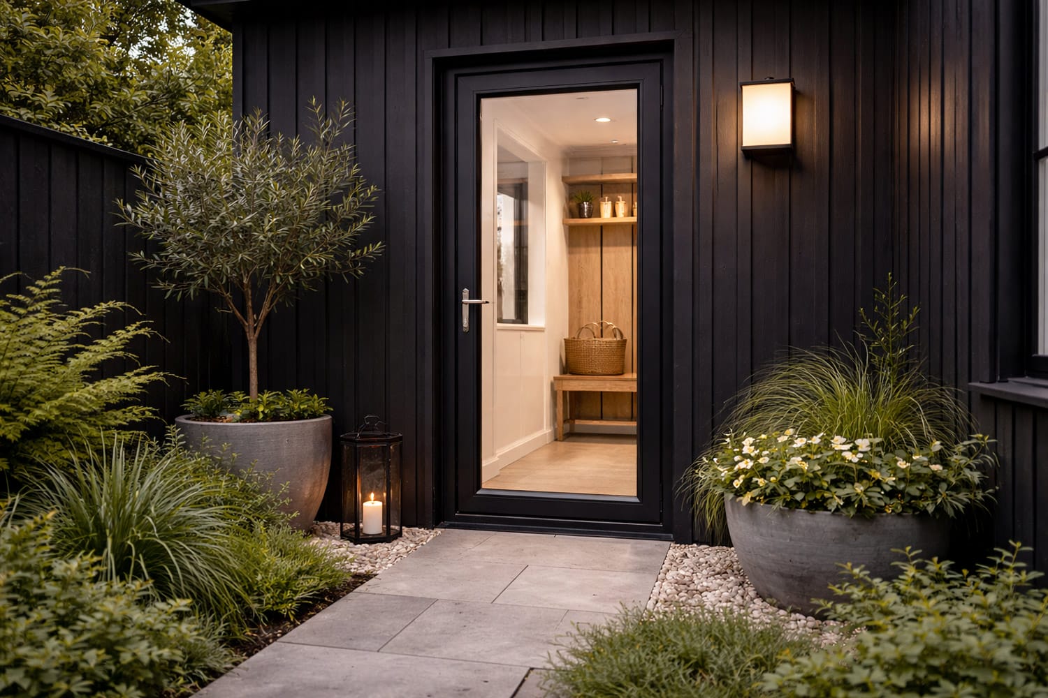Black aluminium French door in Perth set into dark vertical cladding, opening to a softly lit interior, with landscaped garden planting and stone paving outside.