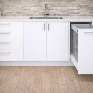 White kitchen base cabinets with integrated drawers, sink unit, and pull-out wire basket, set beneath a stone benchtop and tiled splashback.