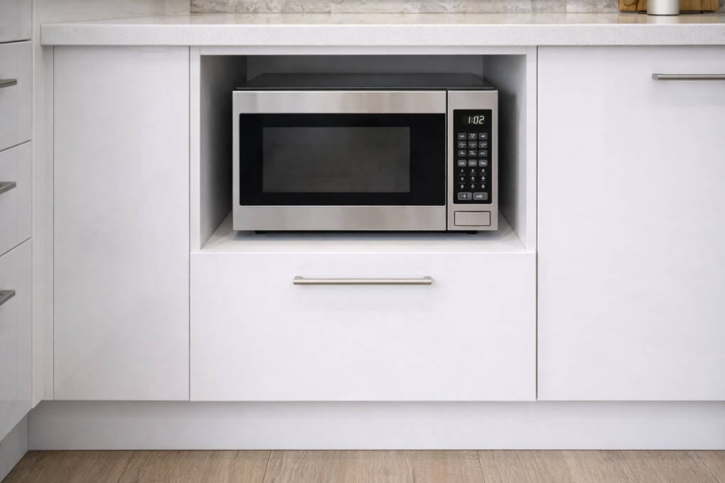 Built-in microwave housed in a white kitchen base cabinet with stone benchtop and clean, modern cabinetry.