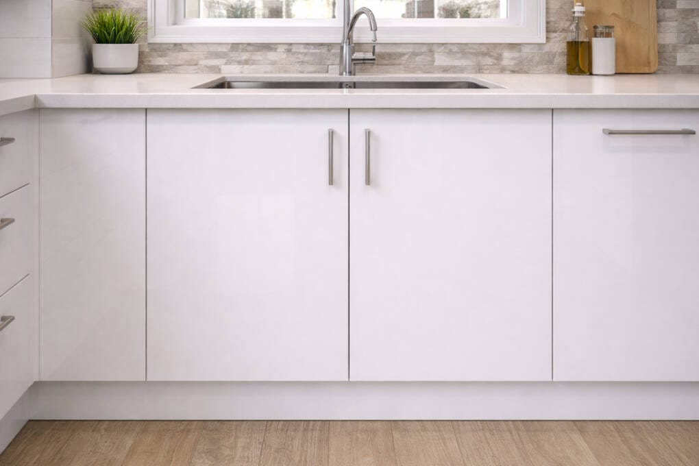 White kitchen sink base cabinet with double doors, stone benchtop, and stainless steel sink in a modern kitchen layout.