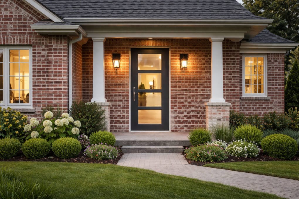 Aluminium front door with glass panels in a traditional brick home entry