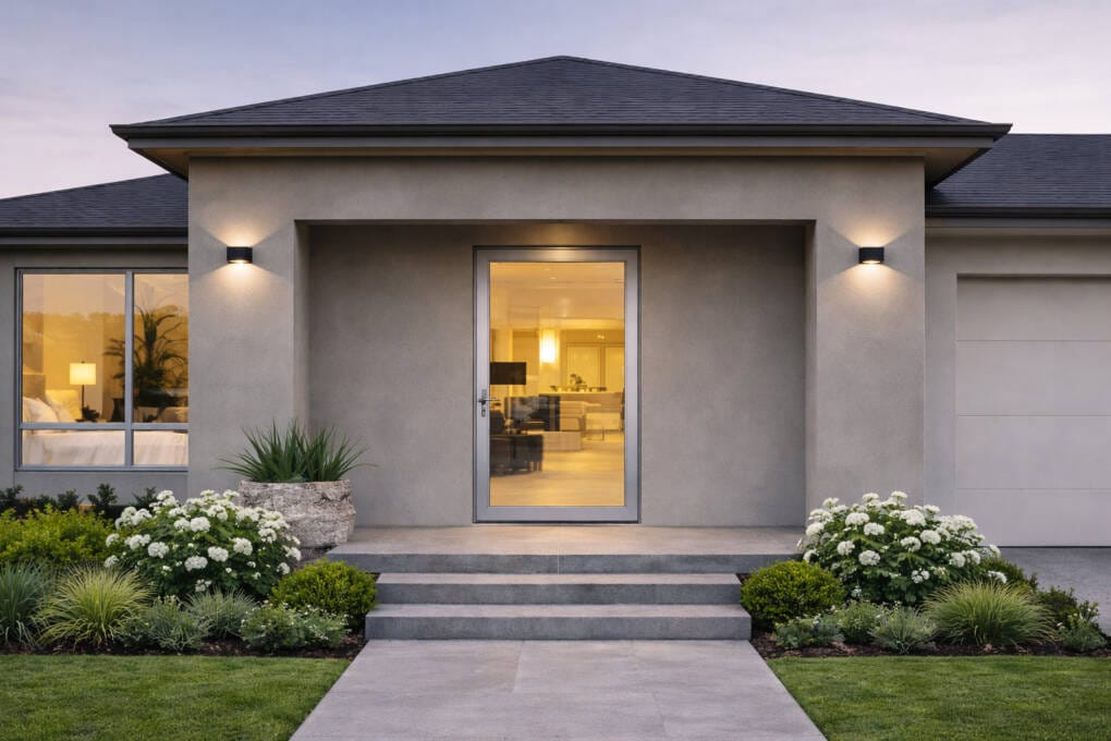 Aluminium glass front entry door in a contemporary rendered home facade