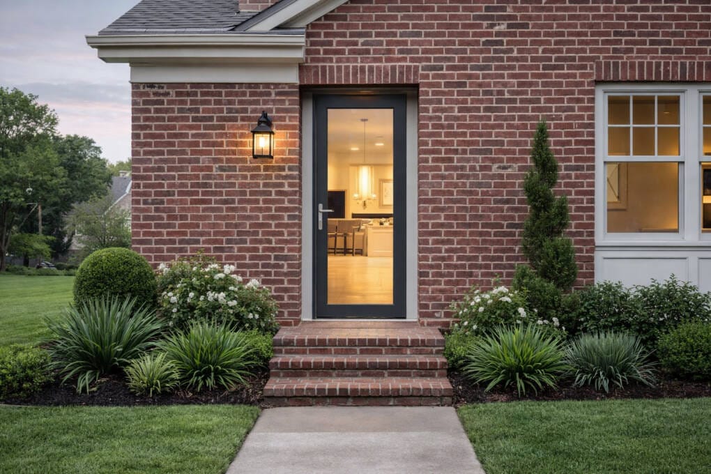 Aluminium glass front door with black frame in a brick home entry