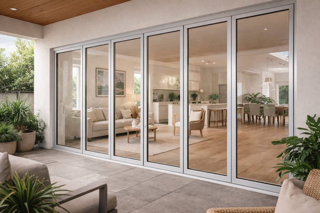 Six-panel aluminium stacking doors with silver frames opening to a bright open-plan living and dining area with timber floors and indoor–outdoor flow