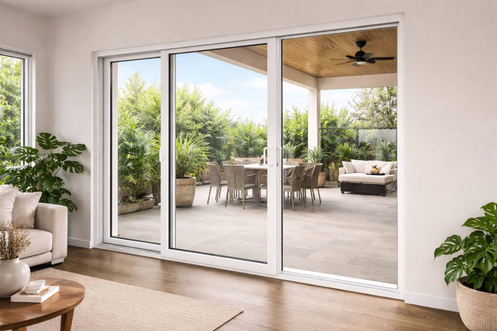 White aluminium stacking doors opening to a covered patio with outdoor dining, tiled flooring, and lush garden views from a modern living space