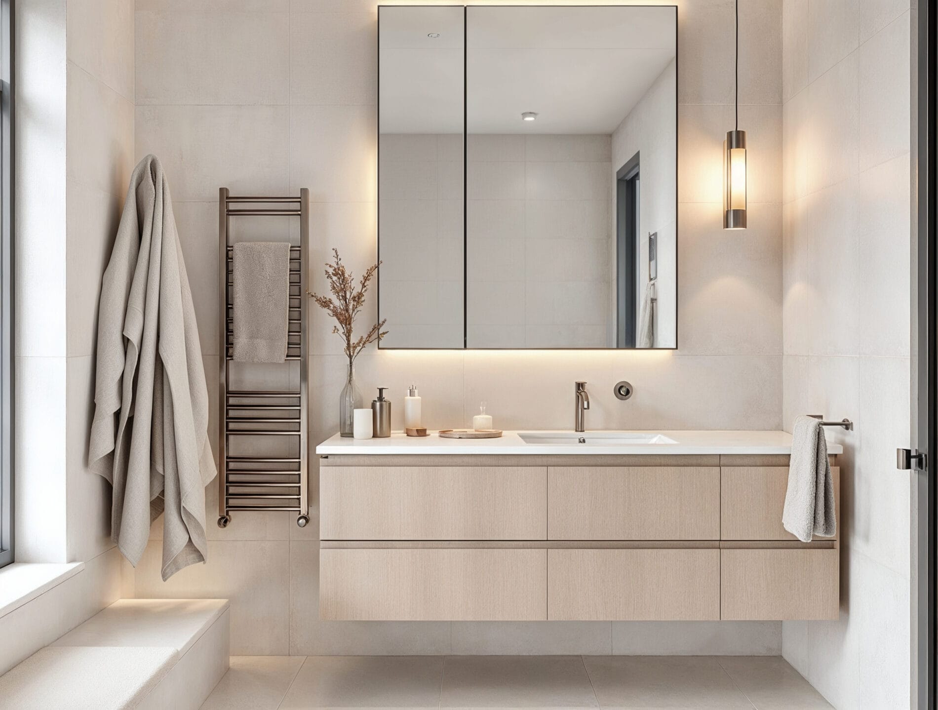 Elegant modern bathroom featuring brushed nickel tapware, matching towel rail, and illuminated mirror cabinet above a floating vanity in soft neutral tones