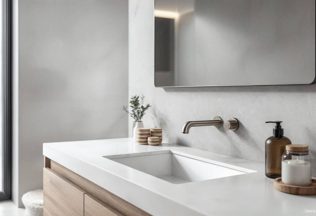Modern bathroom vanity featuring brushed nickel wall-mounted tapware and accessories, combining warm metallic tones with a sleek mirror and minimalist styling