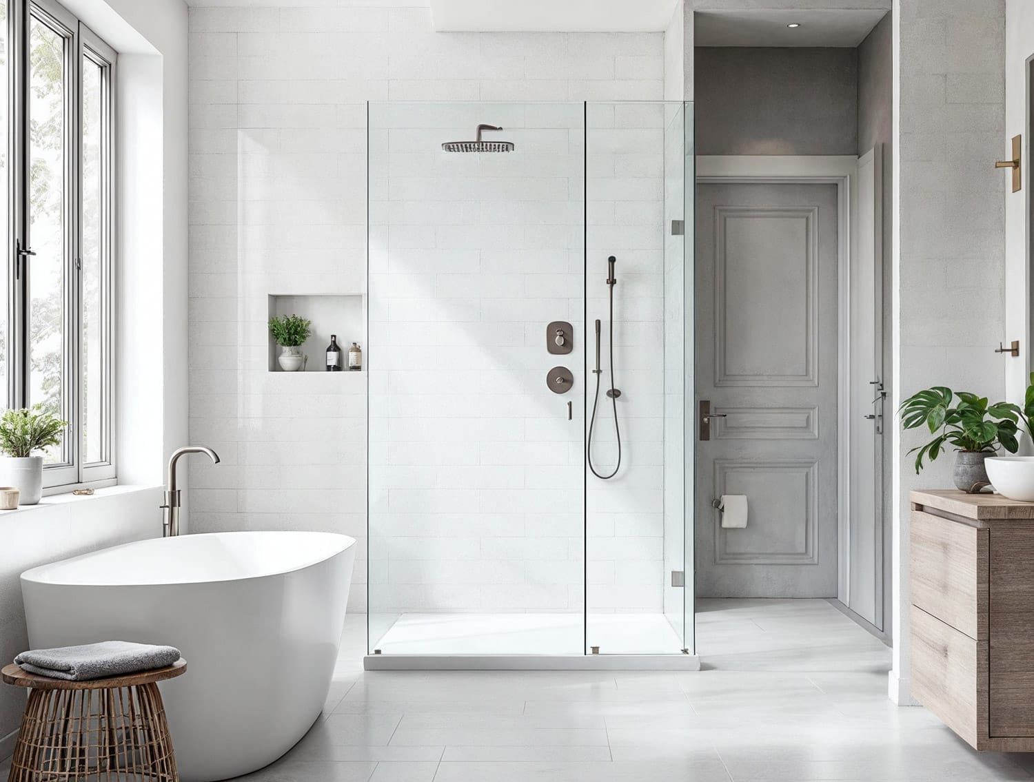 Bright modern bathroom featuring brushed nickel shower fittings and bath tapware, showcasing a cohesive design with neutral tiles and glass shower screen