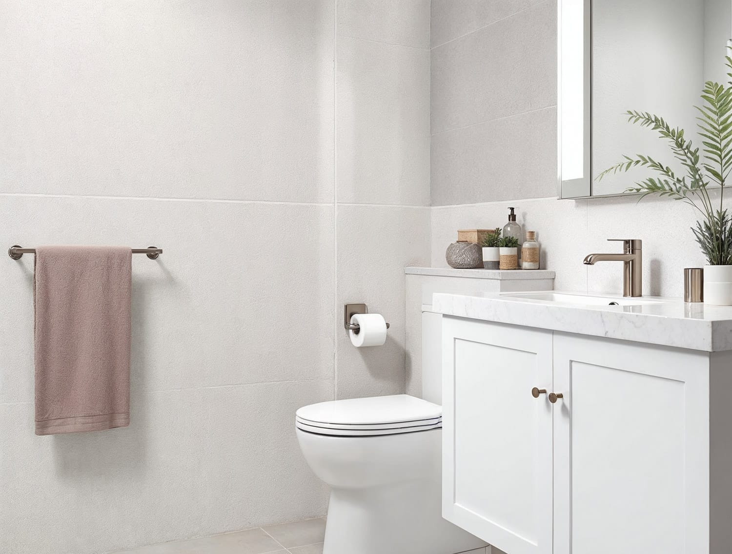 Contemporary bathroom with brushed nickel accessories including tapware, towel rail, and toilet roll holder, styled with white vanity and marble benchtop for a polished look