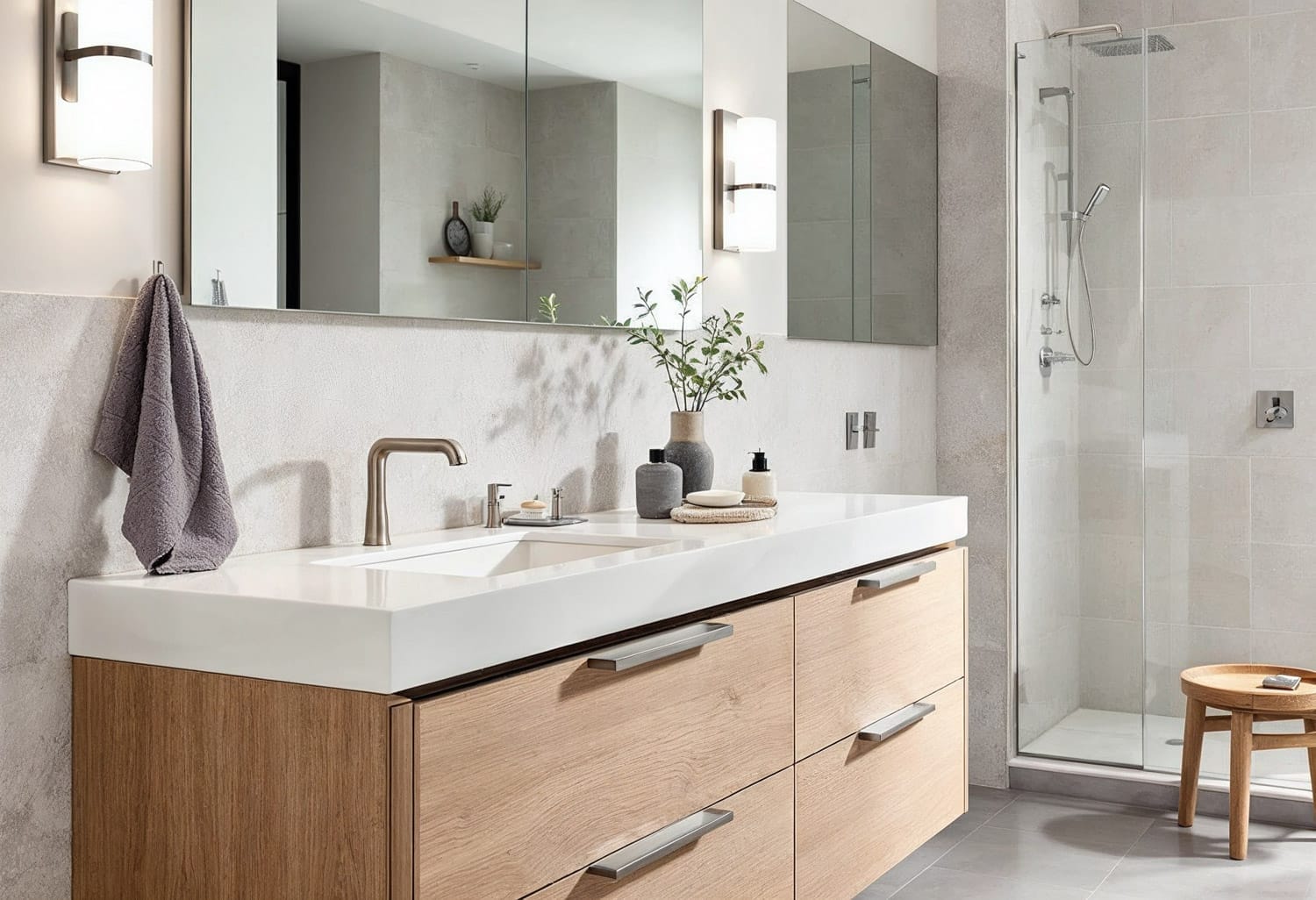 Modern bathroom with brushed nickel tapware, handles, and shower fittings paired with timber vanity and neutral tiles, showcasing a coordinated brushed nickel bathroom collection