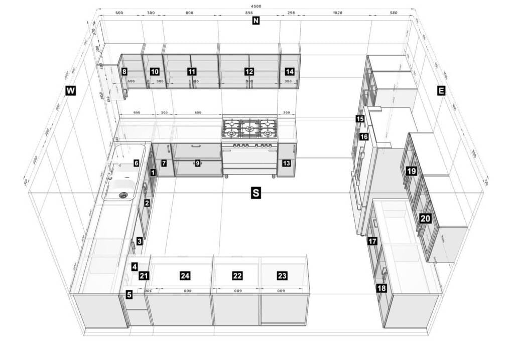 plan of kitchen in u-shape