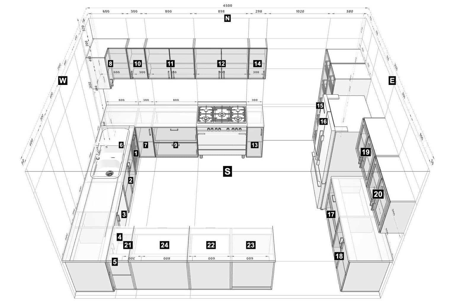 plan of kitchen in u-shape