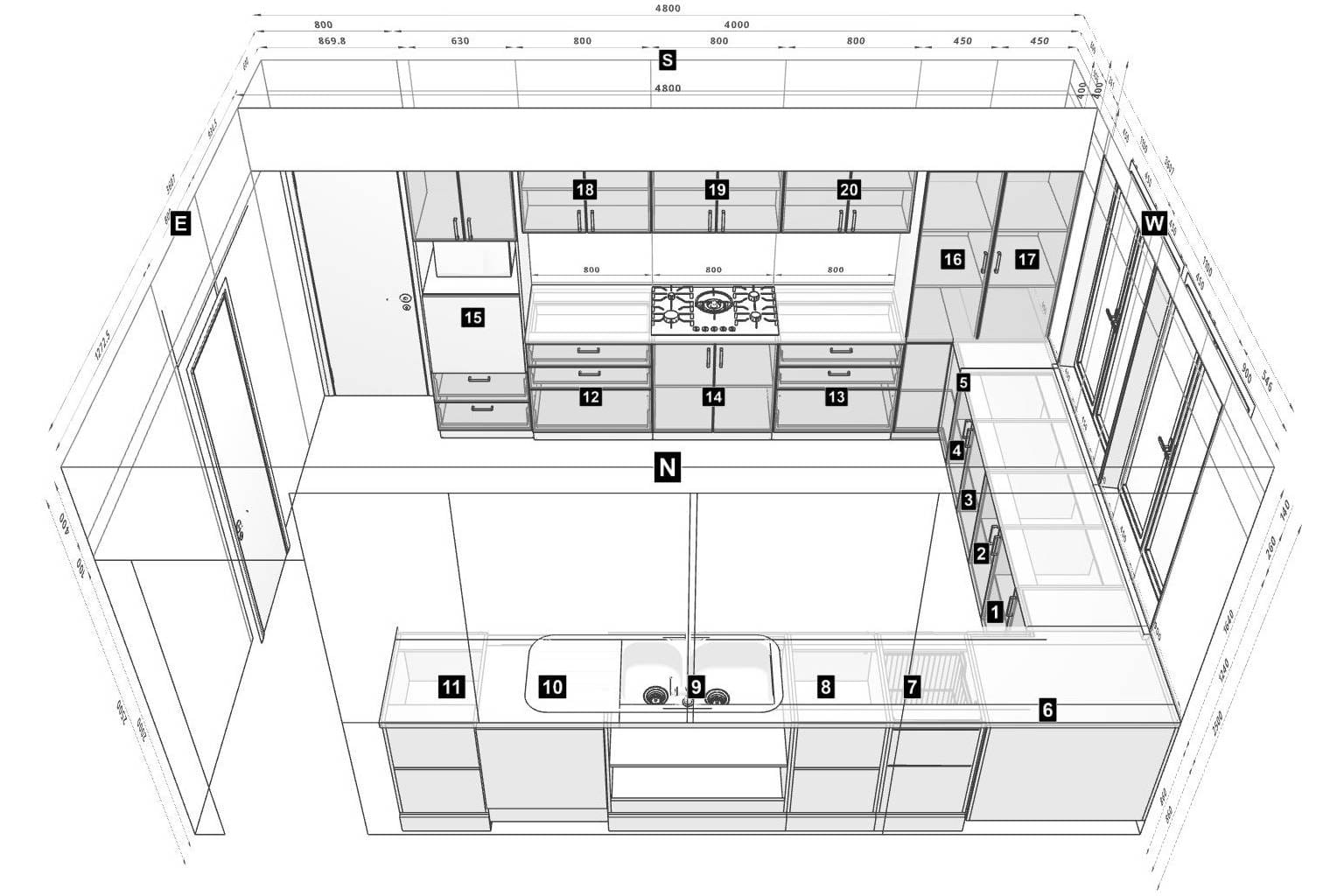 plan of u-shape kitchen