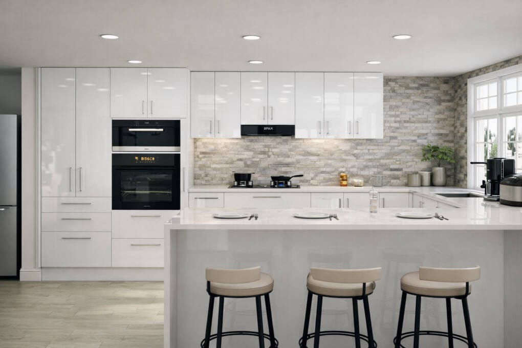 modern u-shaped kitchen with white cabinets