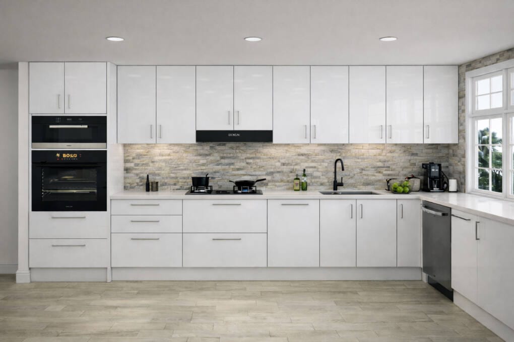 modern l-shaped kitchen with white cabinets