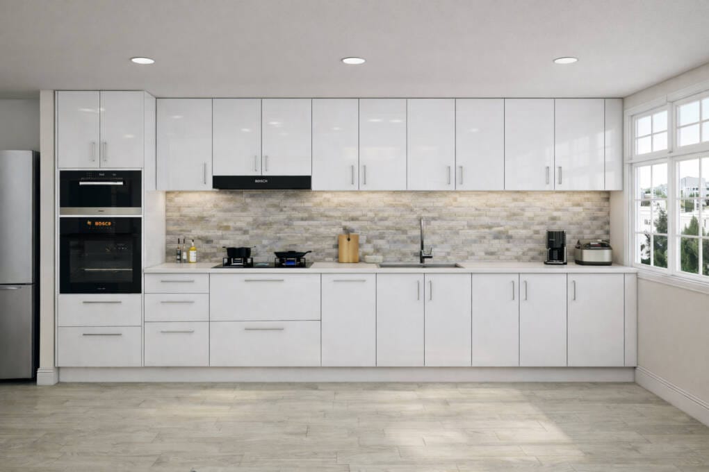 one-wall kitchen design layout with white cabinets