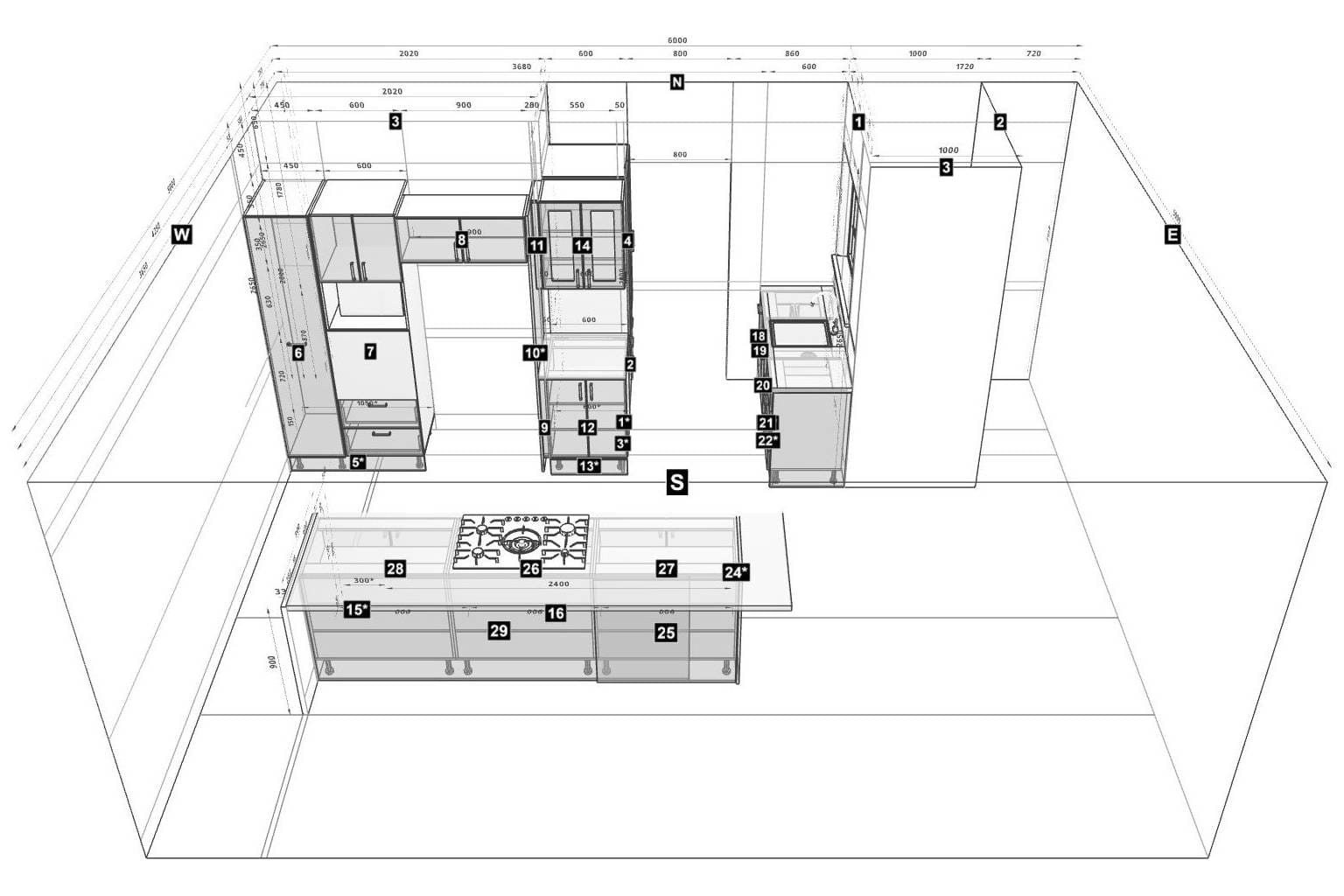 single wall kitchen with island