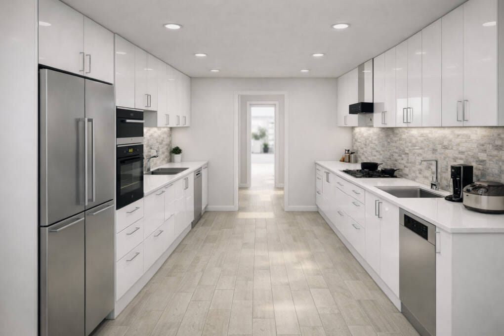 modern galley kitchen white cabinets