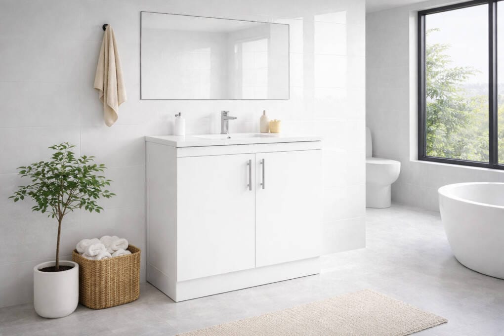 Jessica White Vanity Unit 90cm in an All White Bathroom