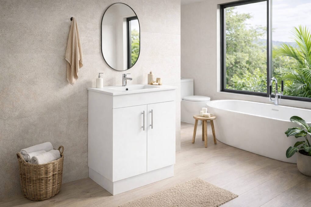 Jessica White Vanity Unit in Natural Bathroom Design