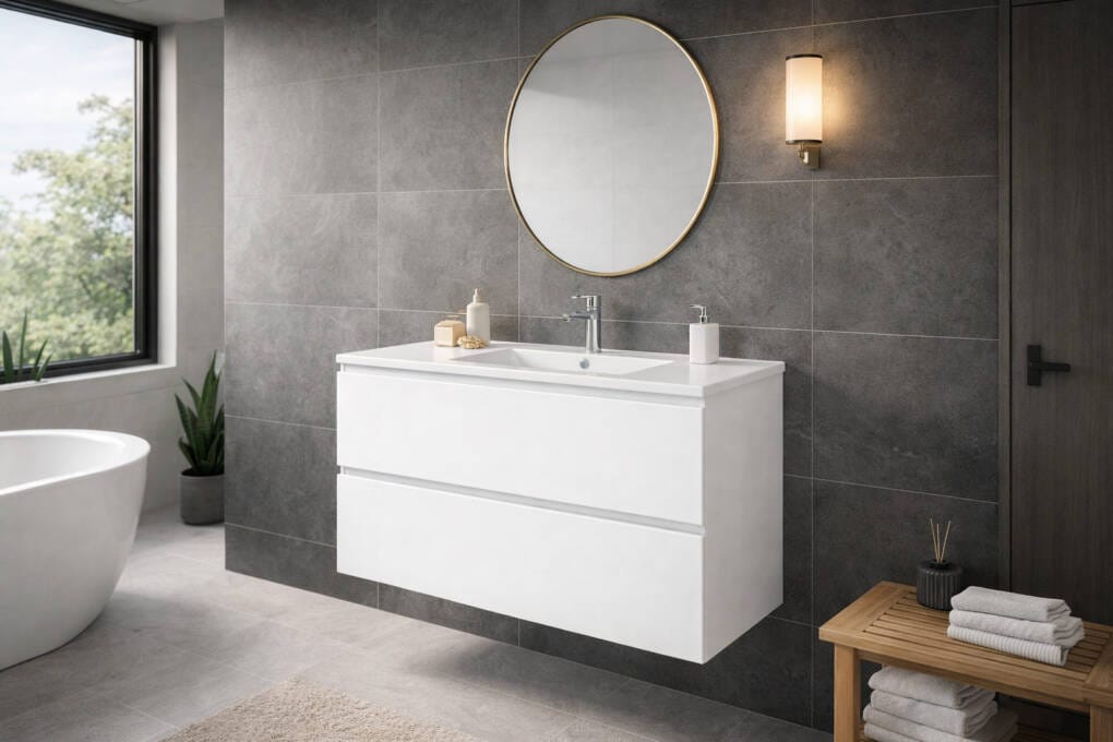 Marine Double Drawer & Kickboard White Vanity in Grey Bathroom