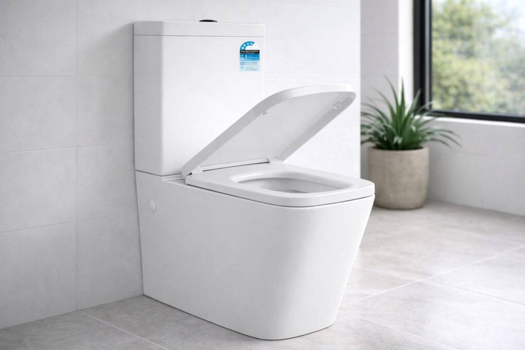 Toilet with new replacement toilet seat with soft close